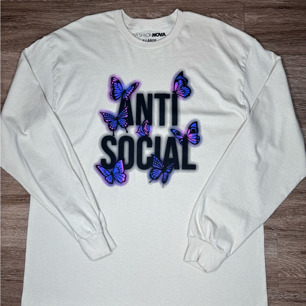 Fashion Nova Cream Long Sleeve with Purple Butterfly Design